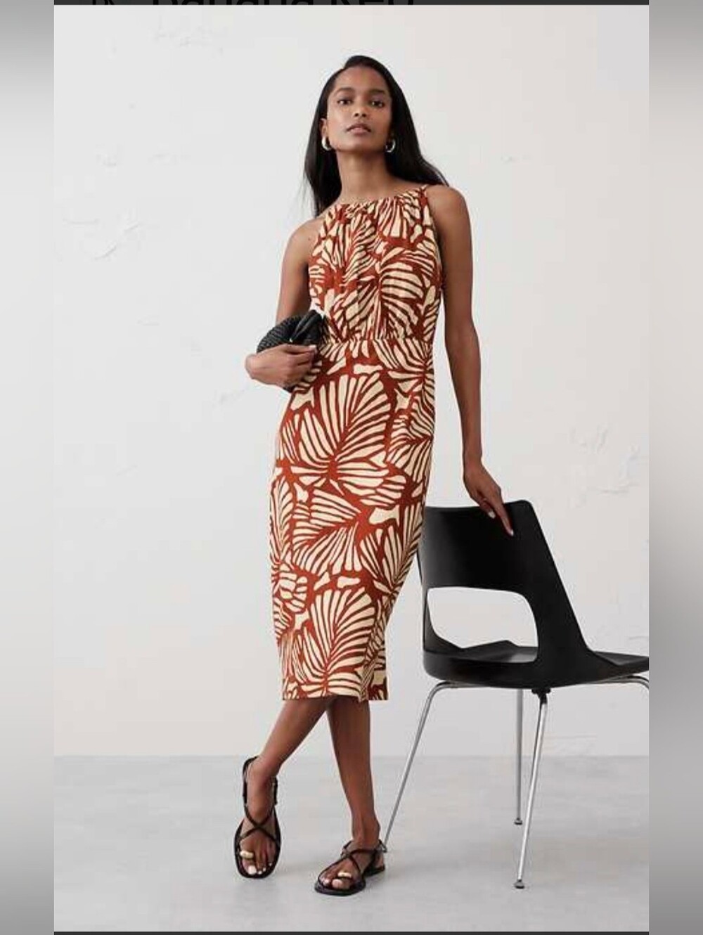 Banana Republic NWT Factory Linen-Blend High-Neck Midi Leaf Print Dress Size 4P